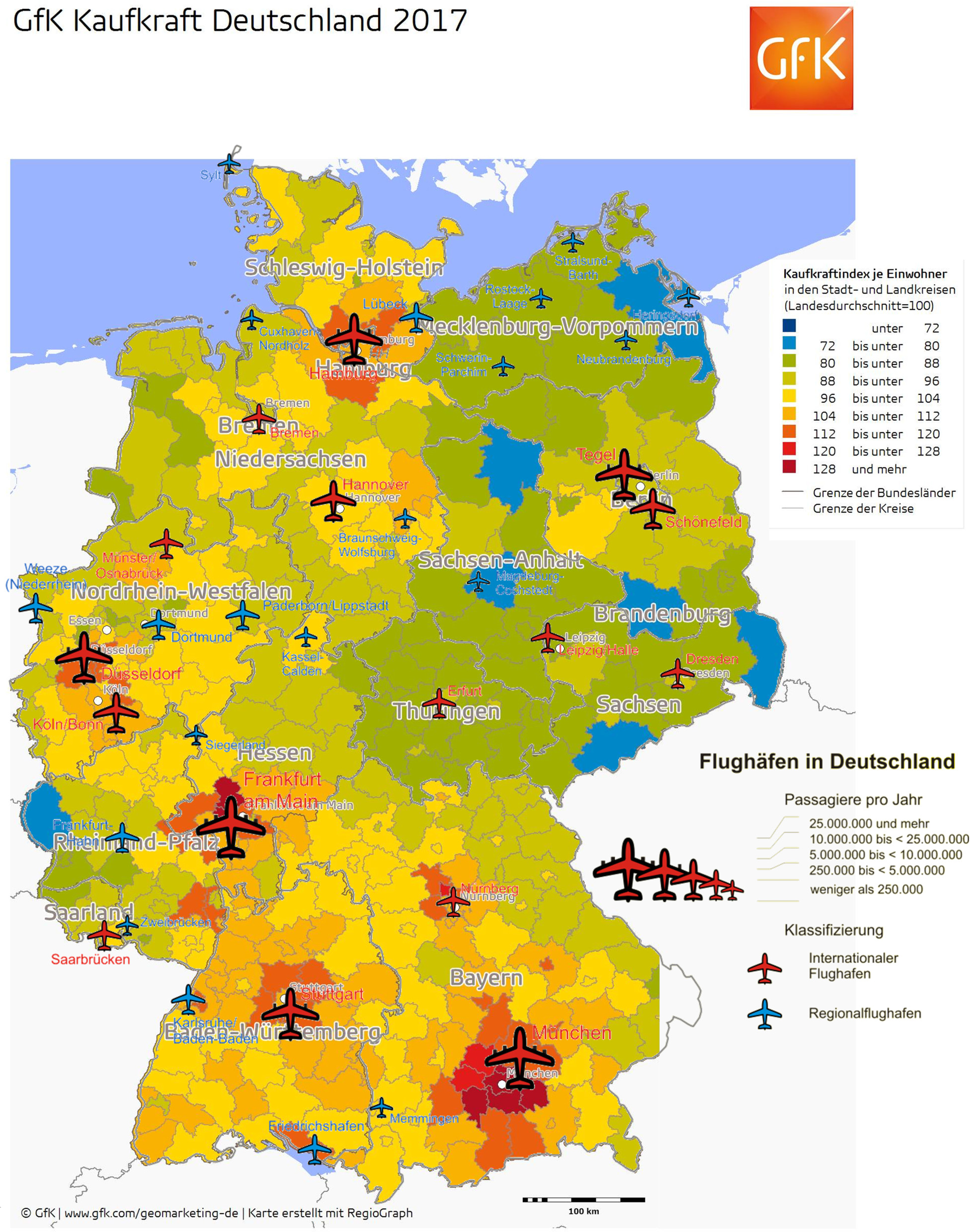 An overlay map of GFK Purchasing Power map Germany with the German airports from Wikipedia.