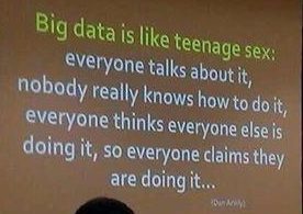 Big Data is like teenage sex. Everyone talks about it, nobody really knows how to do it, everyone thinks everyone else is doing it, so everyone claims they are doing it...
