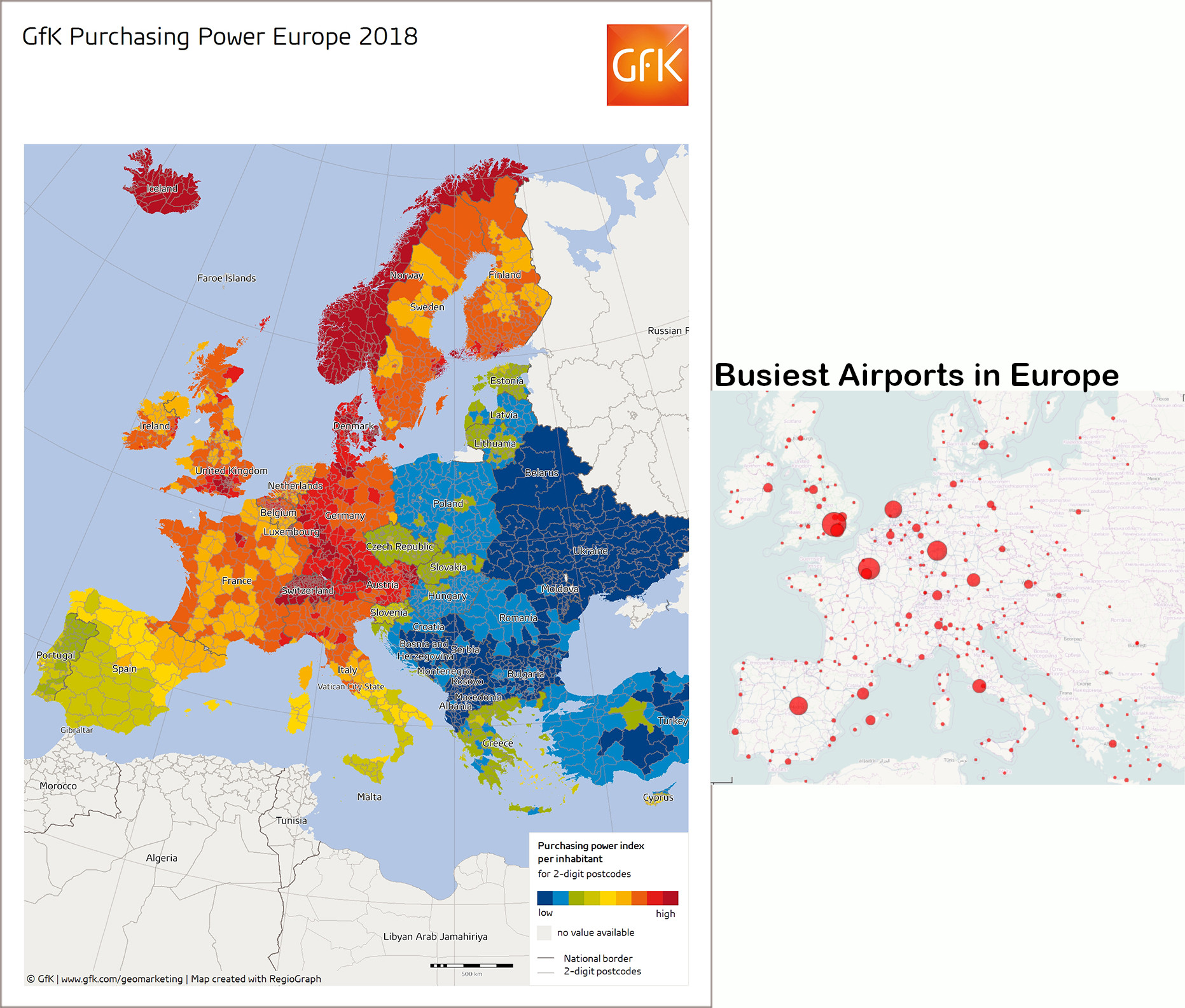 Maps of GFK Purchasing Power Europe 2018 and Wikiepedia Busiest Airports in Europe